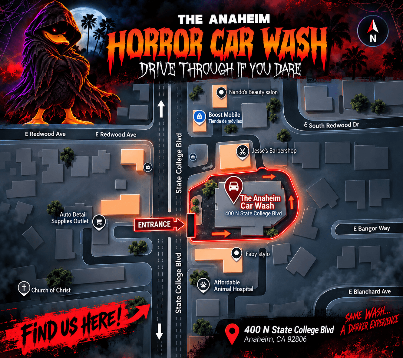 Illustrated directions map for The Anaheim Horror Car Wash at 400 N State College Blvd, Anaheim, CA 92806